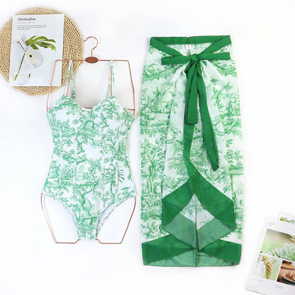 Vintage Print Slim Fit Swimwear with Cover Dress