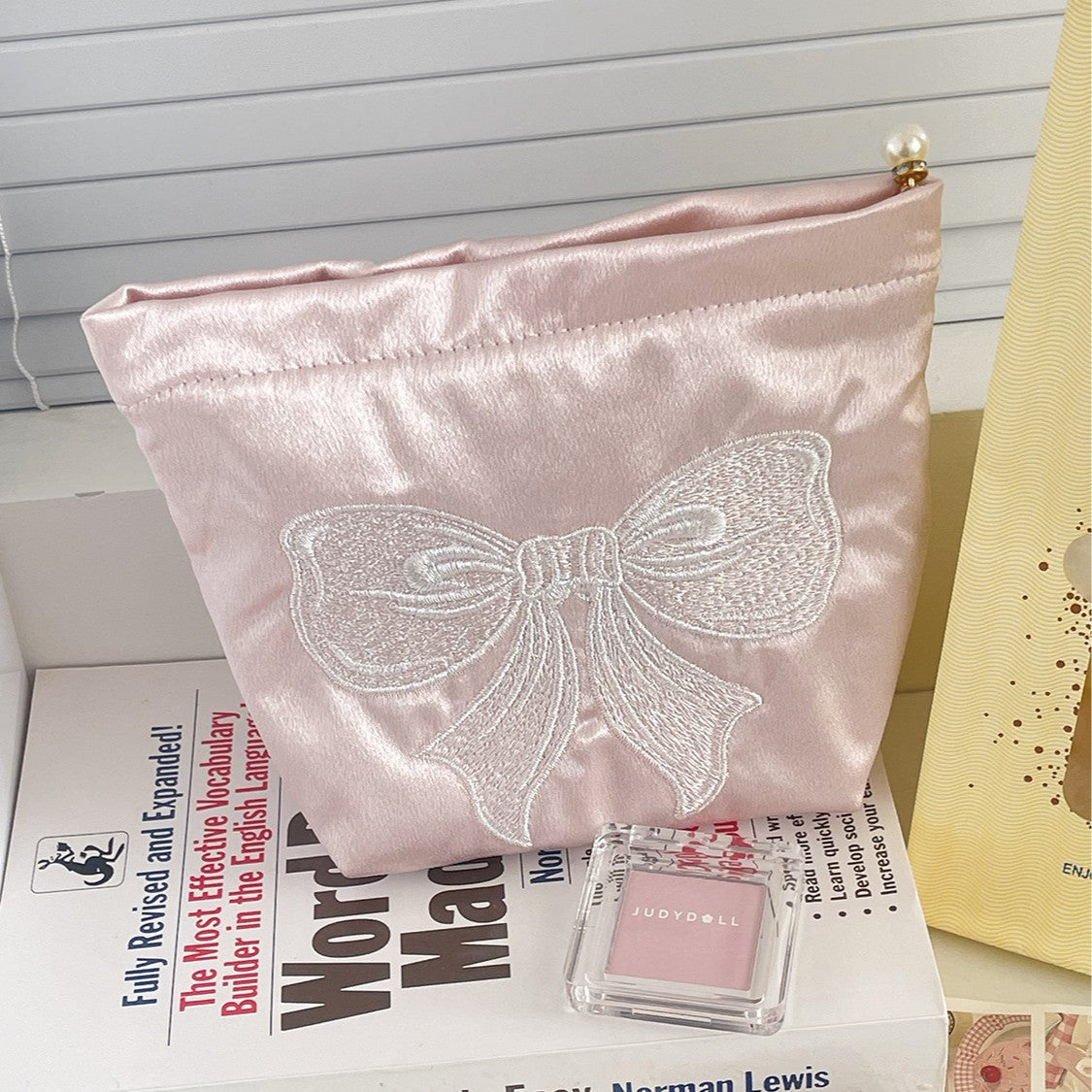 Cute Embroidered Bow Satin Makeup Bag