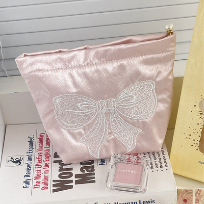 Cute Embroidered Bow Satin Makeup Bag
