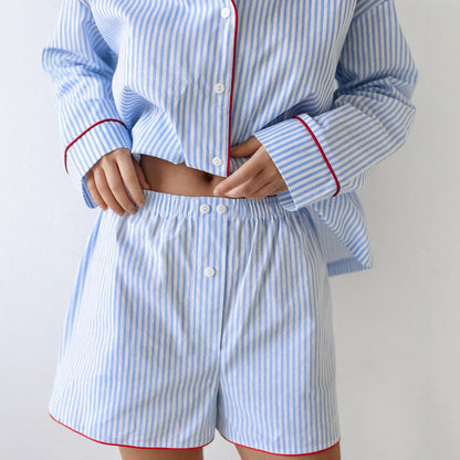 Striped Loose Shirt Shorts Loungewear Set