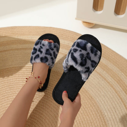 Soft Leopard Print Faux Fur Home Slippers