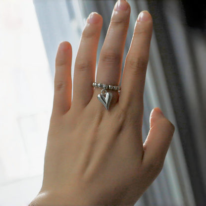 Vintage Beaded Heart Pendant Elastic Ring