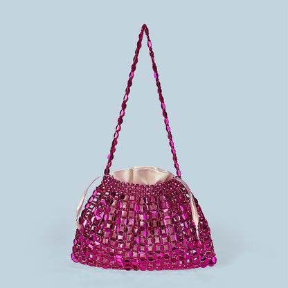 Beaded Woven Shoulder Tote Bag