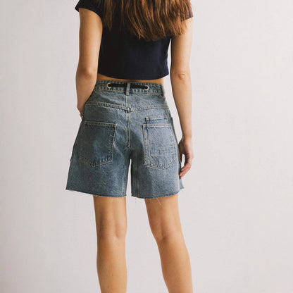 Washed Drawstring Pockets Denim Shorts