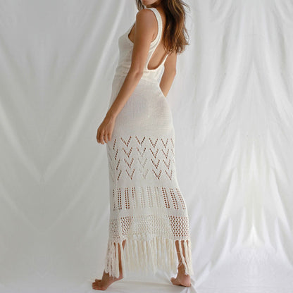 Solid Color Hollow Out Tassel Dress Cover Up