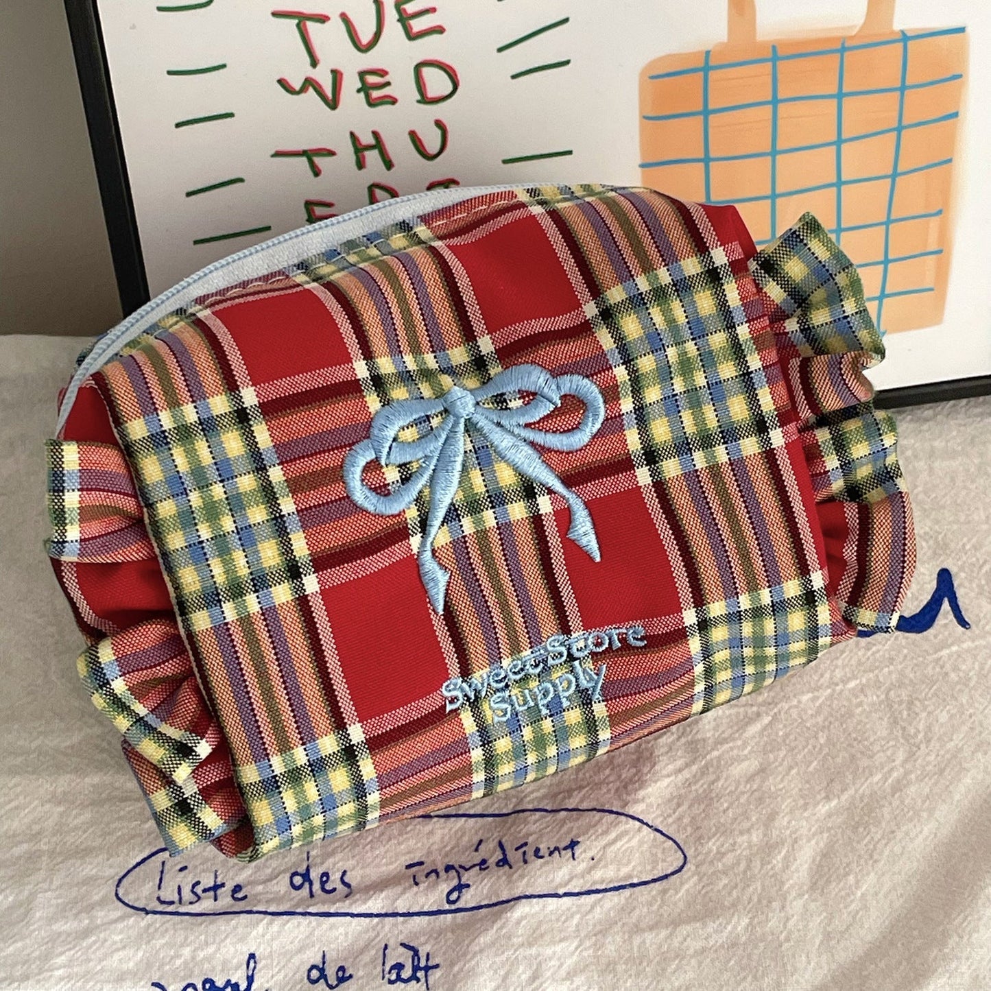 Bow Plaid Flounce Make Up Bag