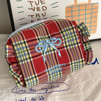 Bow Plaid Flounce Make Up Bag
