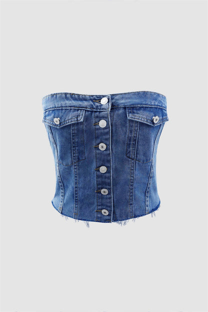 Button Down Strapless Denim Tube Tops