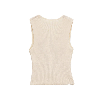 Button Down Sleeveless V-Neck Knit Top