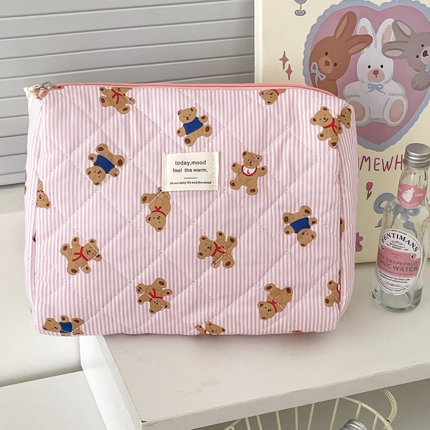 Cute Bear Print Striped Make Up Bag
