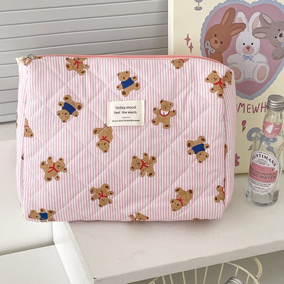 Cute Bear Print Striped Make Up Bag