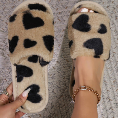 Fuzzy Heart Print Open Toe Home Slippers
