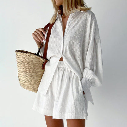 Jacquard Puff Sleeve Shirt Short Set