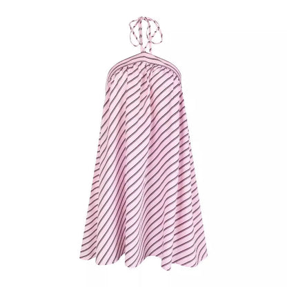 Cute Solid Color Striped Halter Backless Dress