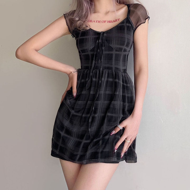 Trendy Square Neck Slim Plaid Mini Dress