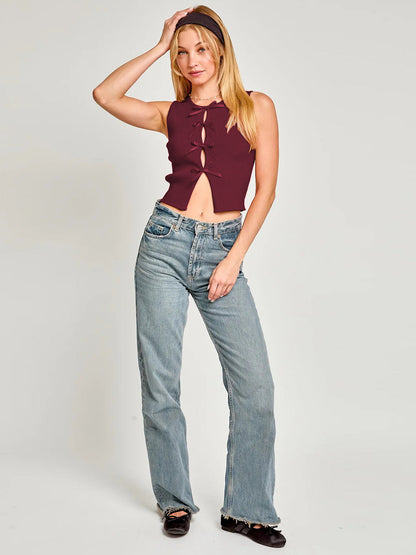 Crew Neck Hollow Out Bow Vest Top