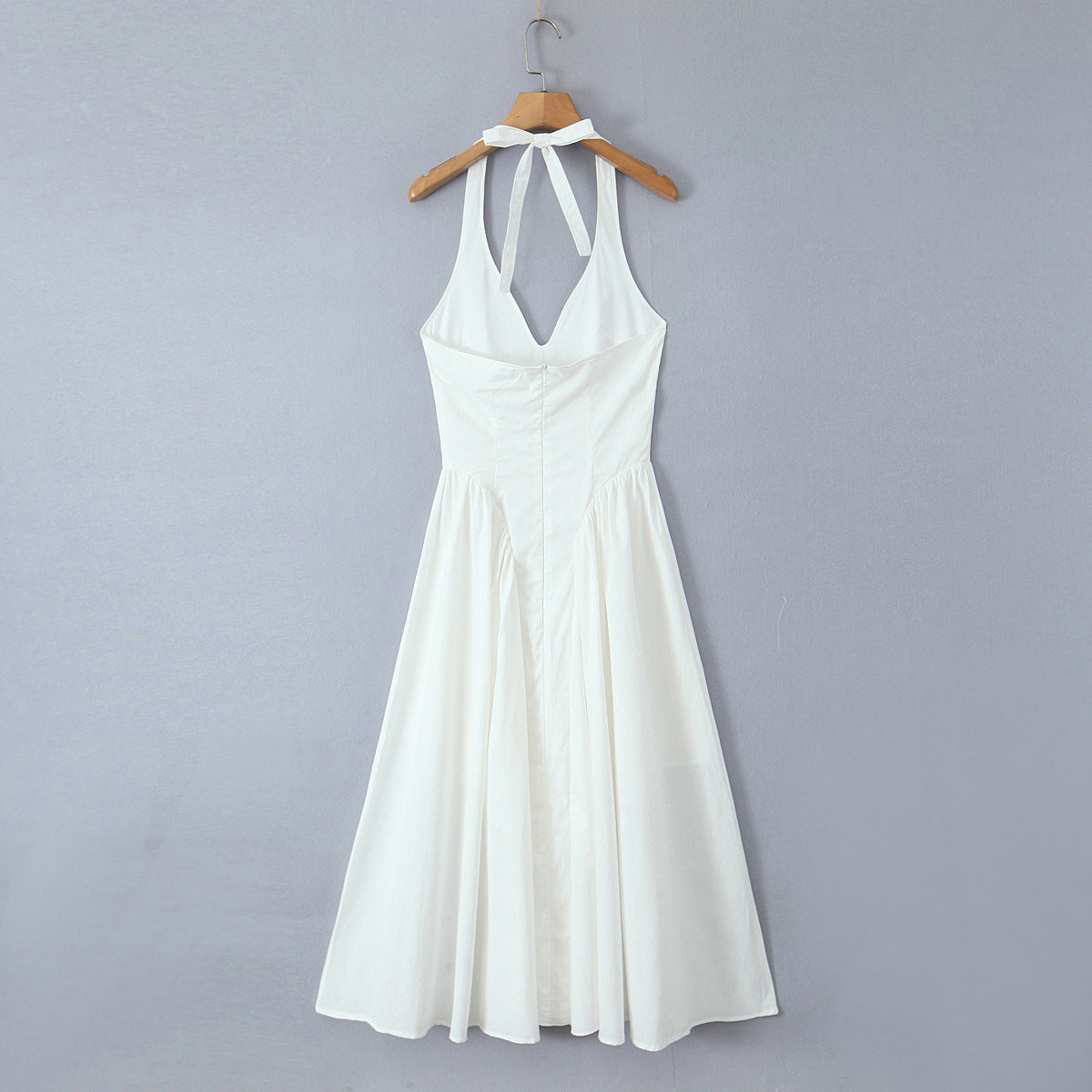 Solid Color Halter V-Neck Ruffle Maxi Dress