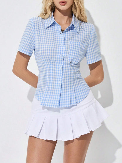 Elegant Color Block Striped Short Sleeve Shirt