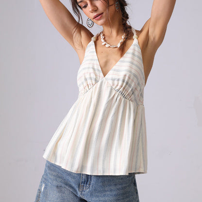 Striped Backless Halter Sleeveless Tops