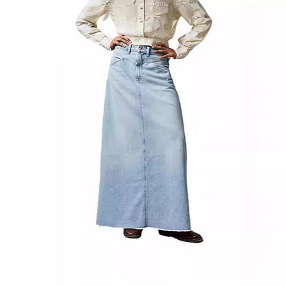 Washed Raw Hem Casual Denim Maxi Skirts