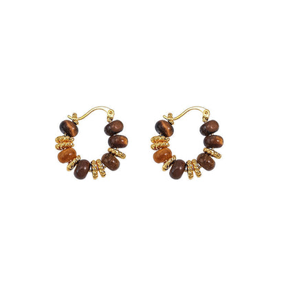 Retro Tiger Eye Stone Bead Hoop Earrings