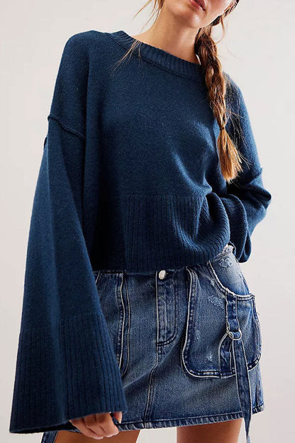 Solid Color Flared Sleeves Sweater