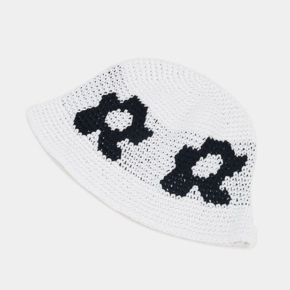 Floral Pattern Contrast Color Crochet Bucket Hat