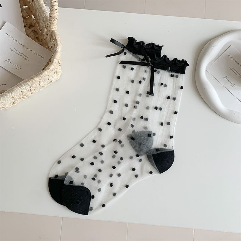 Bow Polka Dot Mesh Thin Socks