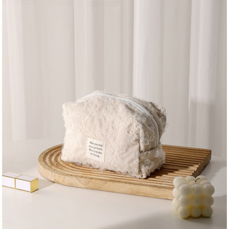 Lace Jacquard Portable Corduroy Cosmetic Bag