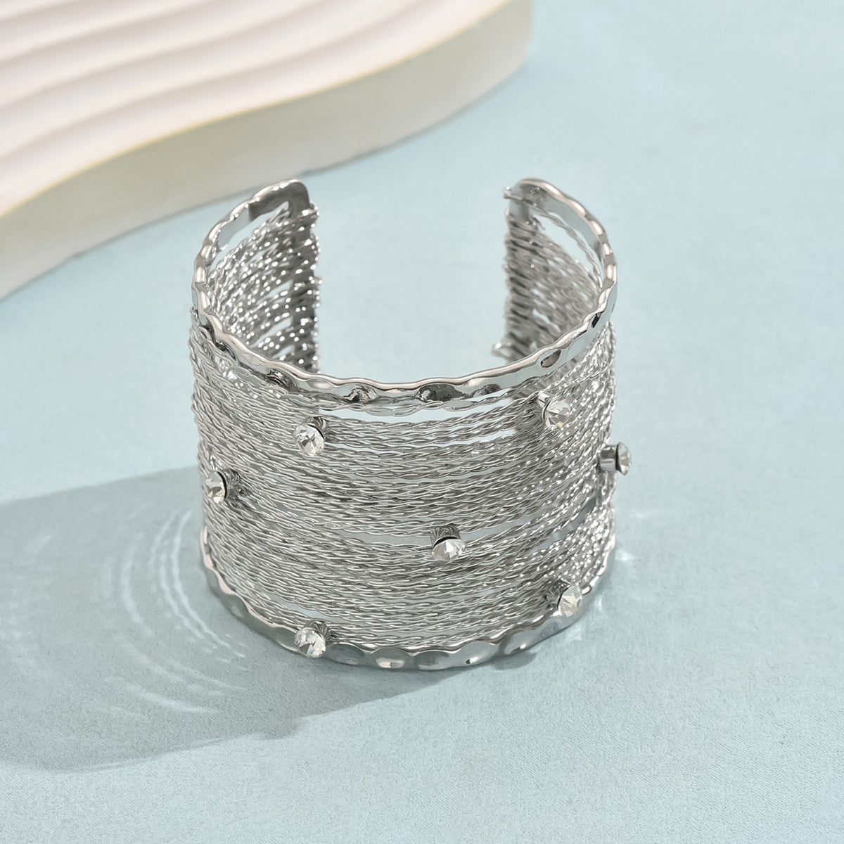 Sparkling Rhinestone Layered Mesh Open Bracelet