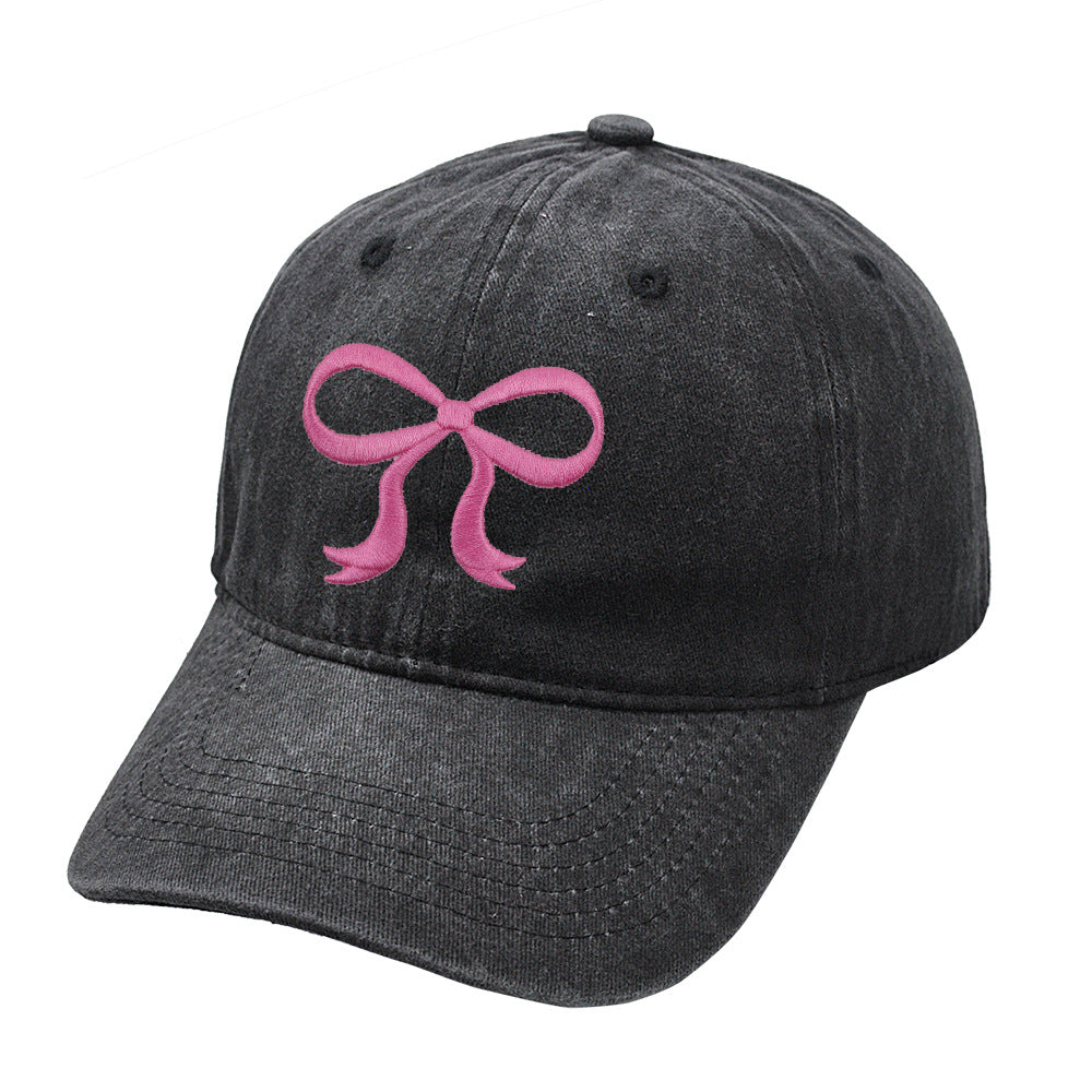 Washed Solid Color Bow Embroider Baseball Caps