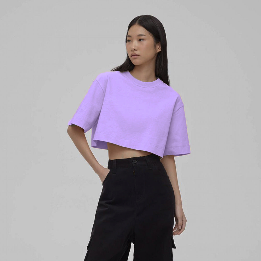 Round Neck Loose Solid Color Short Top