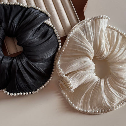 Elegant Satin Chiffon Pearl Embedded Hair Scrunchies