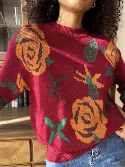 Vintage Round Neck Floral Woven Knit Top