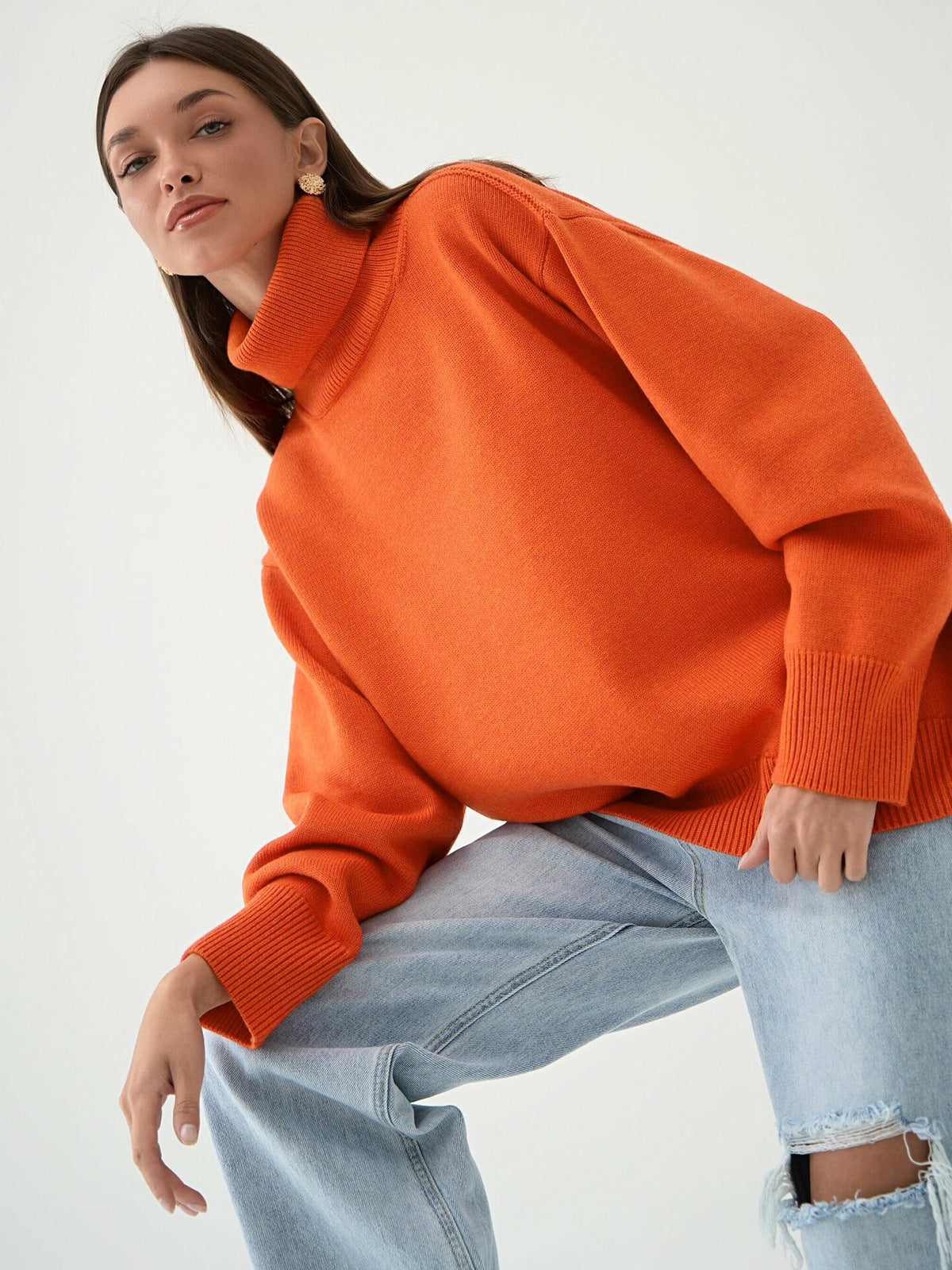 High Collar Loose Solid Color Sweater
