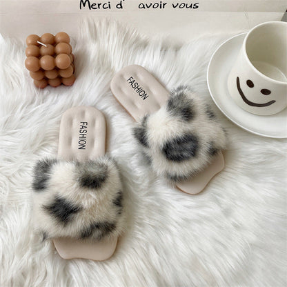 Fuzzy Faux Fur Leopard Print Slippers