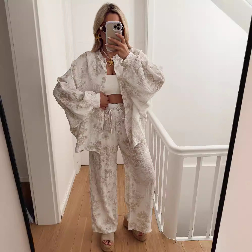Casual Print Shirt Loose Pants Sets