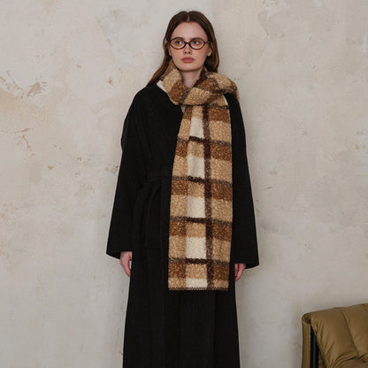 Plaid Color Block Teddy Fleece Soft Scarve