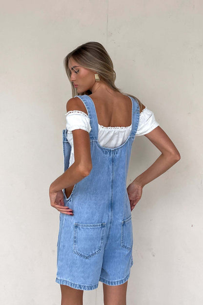 Pockets Buttons Denim Overall Shorts