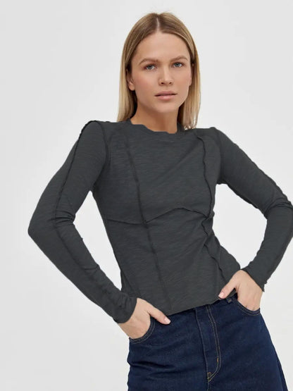 Patchwork Round Neck Simple Tops