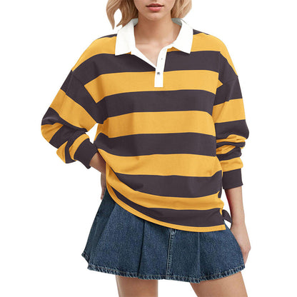 Striped Lapel Collar Long Sleeve Casual Top