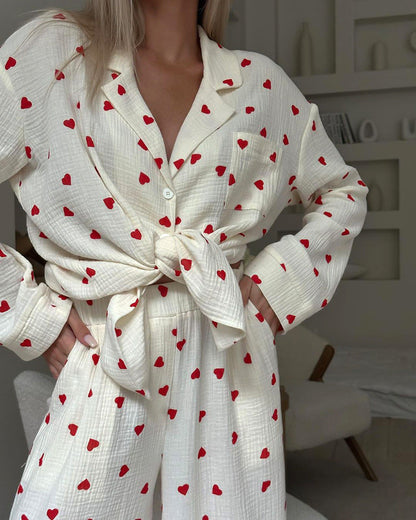 Heart Print Lounge Button Up Pajamas Set