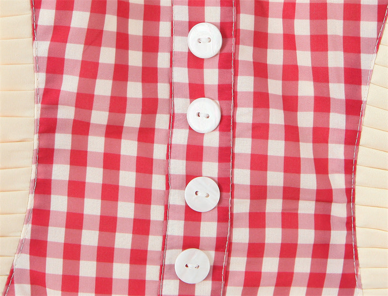 Sweet Halter Sleeveless Plaid Midi Dress