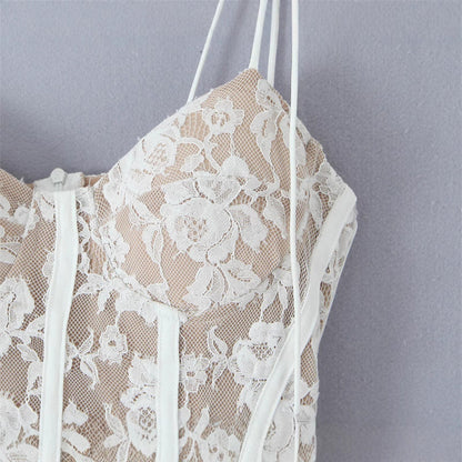 Solid Color Spaghetti Strap Lace Ruffled Dresses