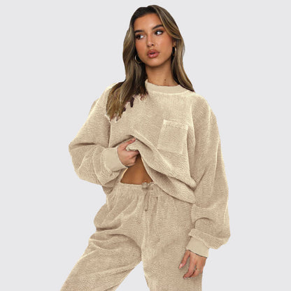 Solid Color Corduroy Casual Pullover Set