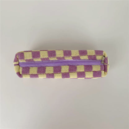 Simple Plaid Color Block Knit Make Up Bag
