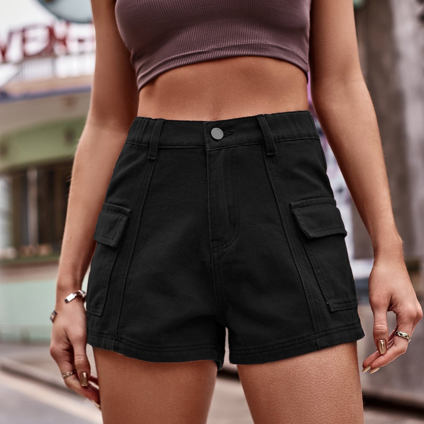 Cargo Mid Waist Denim Shorts