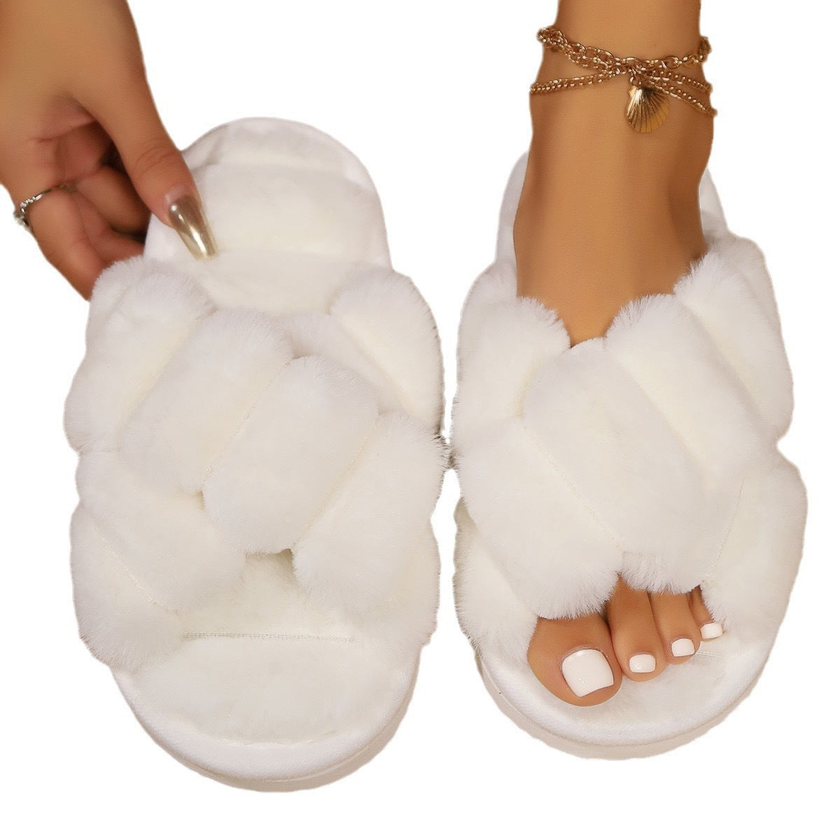 Soft Fuzzy Cross Band Open Toe Slippers