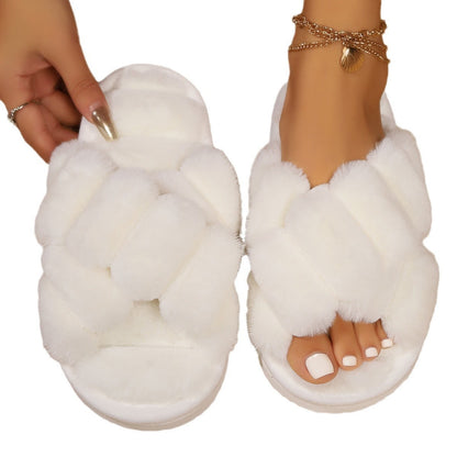 Soft Fuzzy Cross Band Open Toe Slippers
