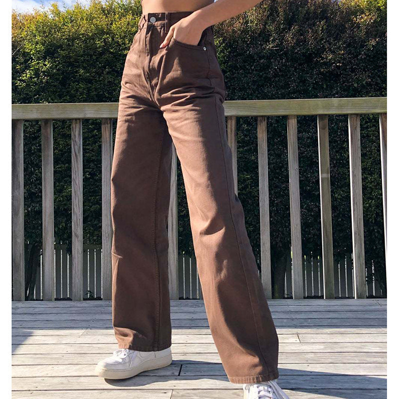 Solid Color High Waist Denim Pants Loose Jeans